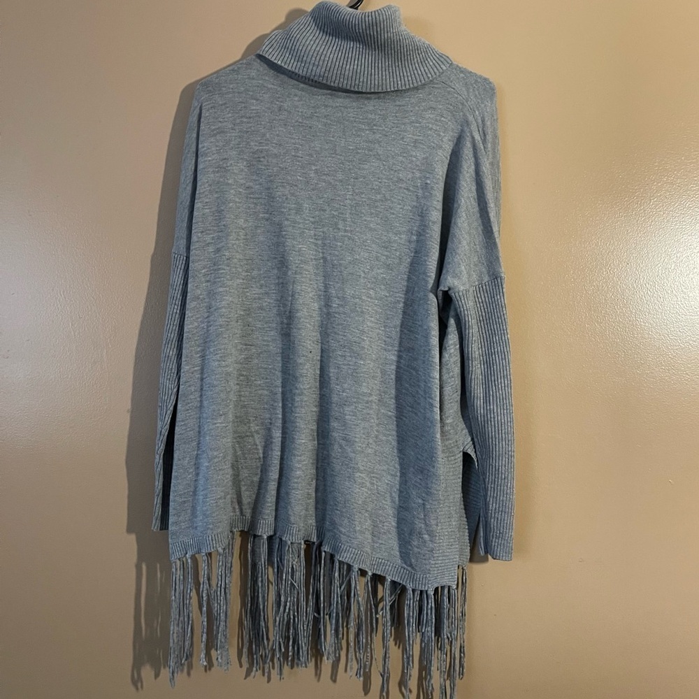 Aqua gray fringe side split turtleneck sweater size small